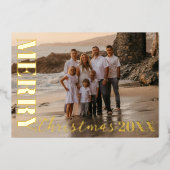 Modern vrolijk kerstscript één foto goud folie feestdagenkaart (Voorkant)