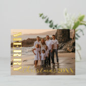 Modern vrolijk kerstscript één foto goud folie feestdagenkaart (Staand Voorkant)