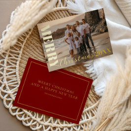 Modern vrolijk kerstscript één foto goud folie feestdagenkaart