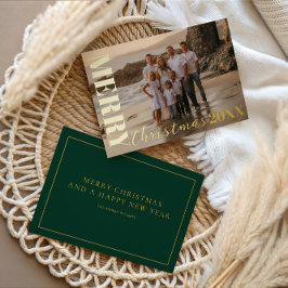Modern vrolijk kerstscript één foto goud folie feestdagenkaart
