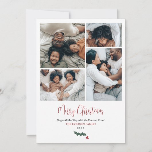 Modern vrolijk kerstscript familie 5 foto's feestdagenkaart (Voorkant)