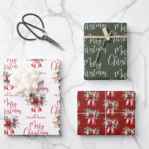 Modern vrolijk kerstscript Red Bow Holly Naam Inpakpapier Vel