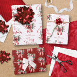 Modern vrolijk kerstscript Red Bow Holly Naam Inpakpapier Vel<br><div class="desc">Voeg een speciaal tintje toe aan uw kerstcadeaus dit vakantieseizoen met gepersonaliseerde giftwrap met deze set van 3 gecoördineerde vellen inpakpapier met moderne, chique kalligrafie scripttypografie voor de begroeting MERRY CHRISTMAS geaccentueerd met een waterverf rode strik en hulst en jouw naam of andere aangepaste tekst. ASSISTENTIE: Voor hulp bij het...</div>