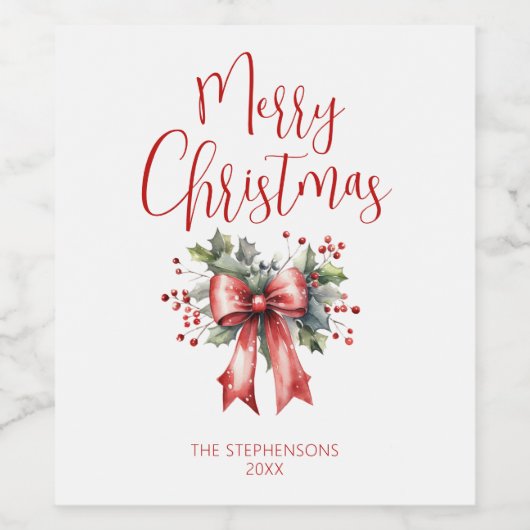 Modern vrolijk kerstscript Red Bow Holly Wijn Etiket (Enkel label)