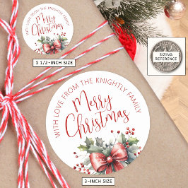 Modern vrolijk kerstscript Red Bow van naam Ronde Sticker