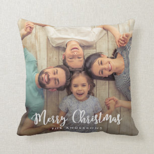 Modern vrolijk kerstscript   Vakantiefoto Kussen