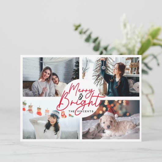 Modern vrolijk script rood 4 foto Kerstmis collage Feestdagenkaart (Staand voorkant)