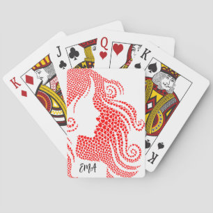Modern vrouwelijk silhouet in harten monogram pokerkaarten