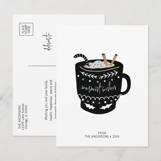 Modern Warmest Wishes Hot Cocoa Holiday Briefkaart (Voorkant / Achterkant)