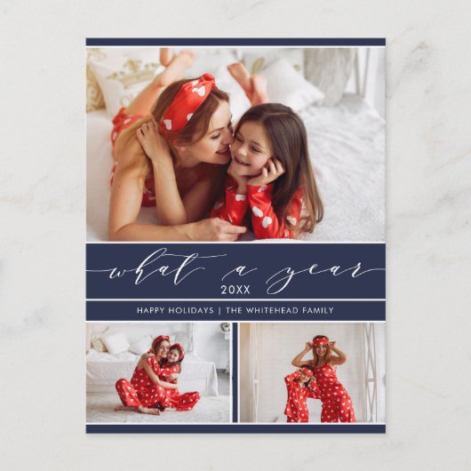 Modern Wat een jaar Navy Blue 3 Photo Collage Feestdagenkaart (Voorkant)