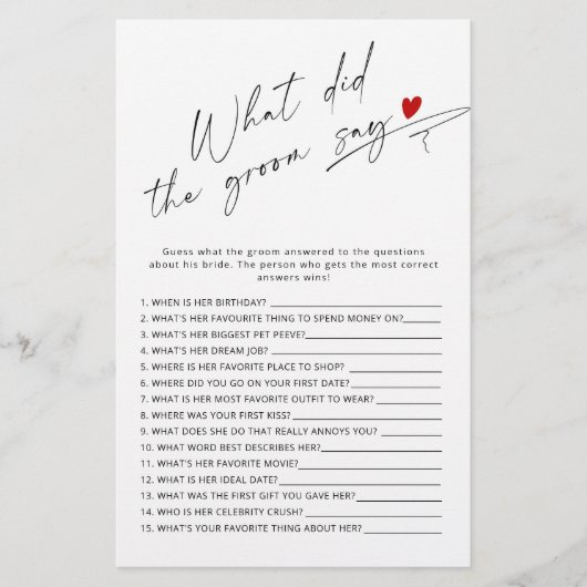 Modern Wat zei de bruidegom vrijgezellenfeest spel (Voorkant)