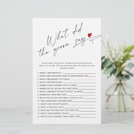 Modern Wat zei de bruidegom vrijgezellenfeest spel (Staand voorkant)
