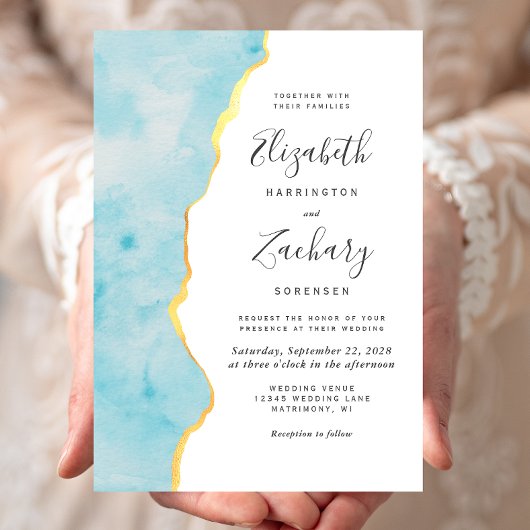Modern Watercolor Aqua Blue Agate Wedding Kaart
