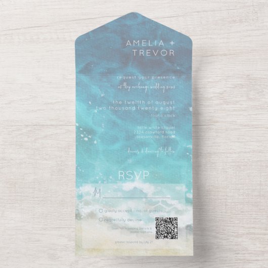 Modern Watercolor Aqua Strand & Zee QR Code All In One Uitnodiging (Binnen)