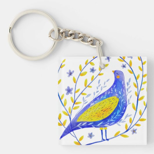 Modern Watercolor Blue and Yellow Bird Art Sleutelhanger (Voorkant)