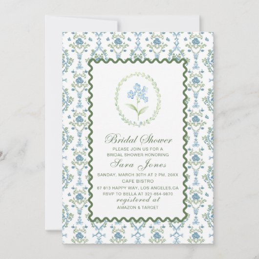 Modern Watercolor Blue flowers Bridal ShInvitation Kaart (Voorkant)