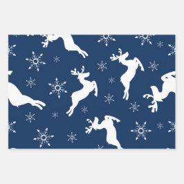 Modern Watercolor Blue Reindeer Snow Christmas Inpakpapier Vel