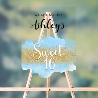 Modern Watercolor Blue Sweet 16 Sixteen Acryl Bord