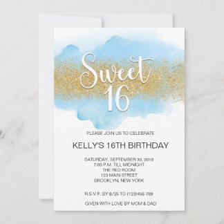 Modern Watercolor Blue Sweet 16 Sixteen Kaart