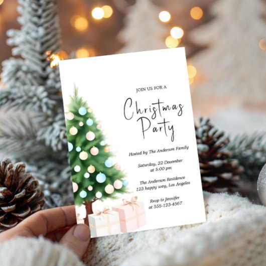 Modern Watercolor Christmas Tree Party Invitation  Kaart