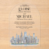 Modern Watercolor City Skyline Destination Wedding Acryl Uitnodigingen (Voorkant)