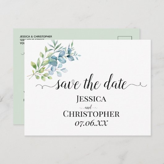Modern Watercolor Eucalyptus Greenery Wedding Aankondigingskaart (Voorkant / Achterkant)