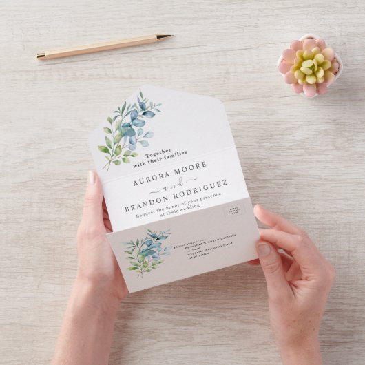 Modern Watercolor Eucalyptus Greenery Wedding All In One Uitnodiging (VideoVideo)