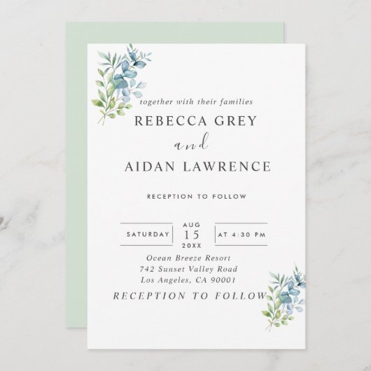 Modern Watercolor Eucalyptus Greenery Wedding Kaart (Voorkant / Achterkant)