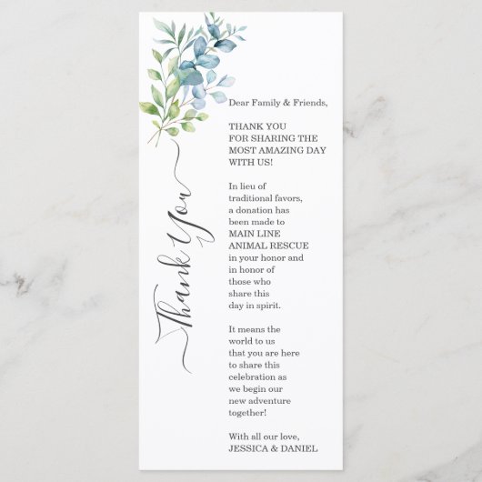 Modern Watercolor Eucalyptus Greenery Wedding Menu (Achterkant)