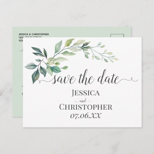 Modern Watercolor Eucalyptus Leaves Greenery Aankondigingskaart (Voorkant / Achterkant)