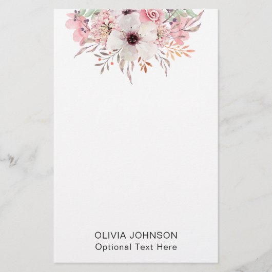 Modern Watercolor Floral Monogram Name Briefpapier (Voorkant)