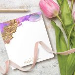 Modern, watercolor gold pink purple splatter notitieblok<br><div class="desc">Gold handwritten typography and rich, gold, purple, pink, and turquoise watercolor ink swirls and splatters overlay a white background on this chic, elegant, modern custom name notepad. Makes a fun and stylish statement every time you jot down a note during your workday. Makes a thoughtful, customized gift for a friend...</div>