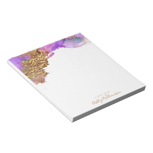 Modern, watercolor gold pink purple splatter notitieblok (Schuin)