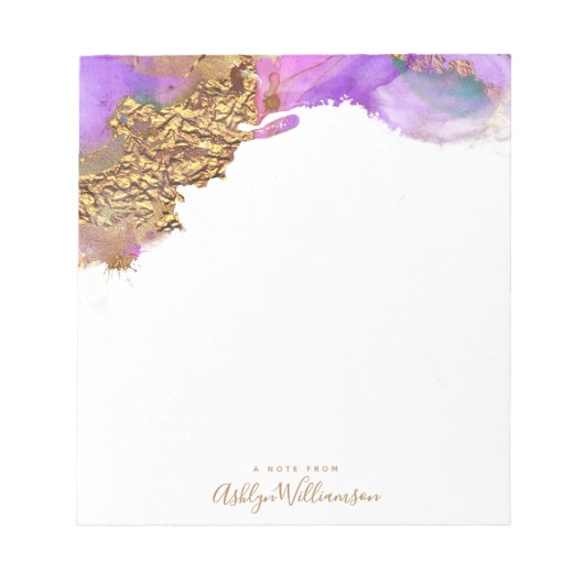 Modern, watercolor gold pink purple splatter notitieblok (Voorkant)