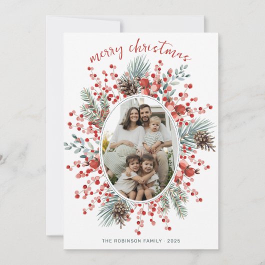 Modern Watercolor Greenery Wreath Photo Christmas Feestdagenkaart (Voorkant)