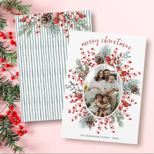 Modern Watercolor Greenery Wreath Photo Christmas Feestdagenkaart