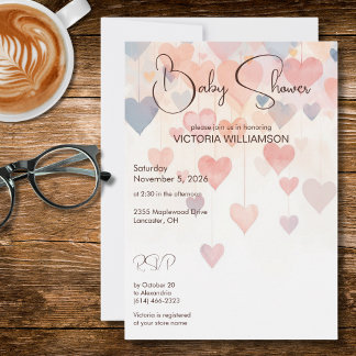 Modern Watercolor Hearts Baby Shower Kaart
