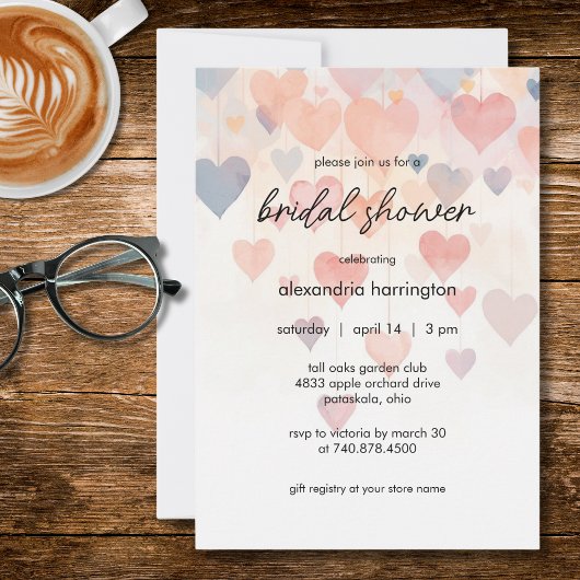 Modern Watercolor Hearts Bridal Shower Kaart