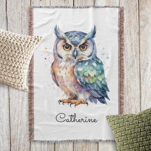 Modern Watercolor Horned Owl Personalized Deken