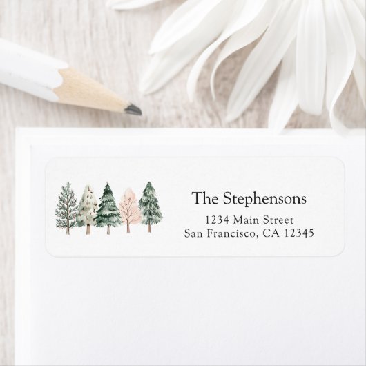 Modern Watercolor Kerstbomen Retouradres Etiket (Insitu)