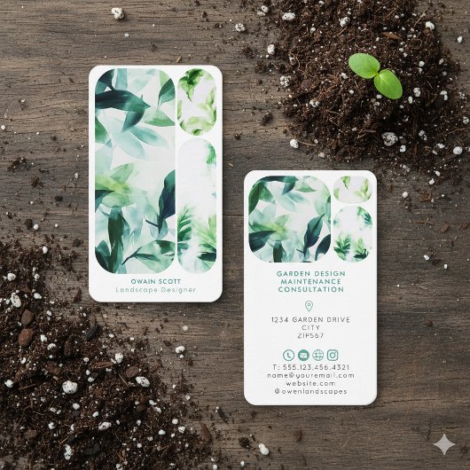 Modern Watercolor Leaf Business Card Garden Design Visitekaartje