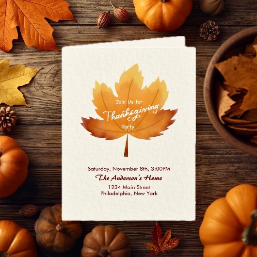 Modern Watercolor Maple Thanksgiving Party Folded