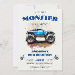 Modern Watercolor Monster Truck Blue Boy Birthday  Kaart