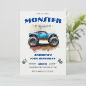Modern Watercolor Monster Truck Blue Boy Birthday  Kaart (Staand voorkant)