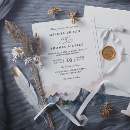Modern Watercolor Mountain Forest QR Code Wedding Kaart