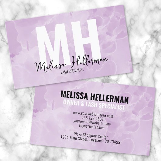 Modern Watercolor Paarse Monogram Visitekaartje