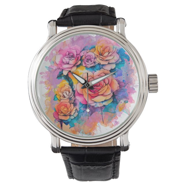 Modern Watercolor Paint Daubs Roses Bouquet Horloge (Voorkant)