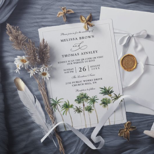 Modern Watercolor Palm Budget QR Code Wedding  Kaart