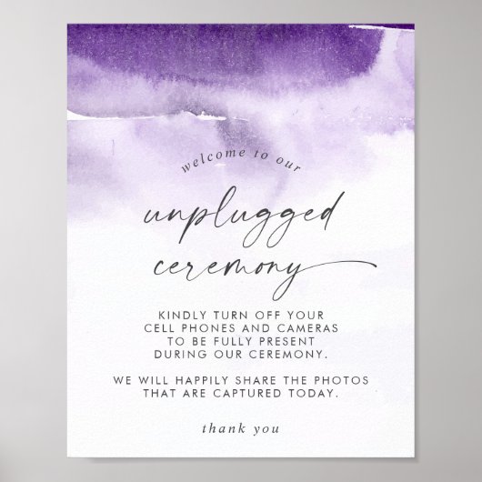 Modern Watercolor | Purple Unplugged Ceremony Sign Poster (Voorkant)