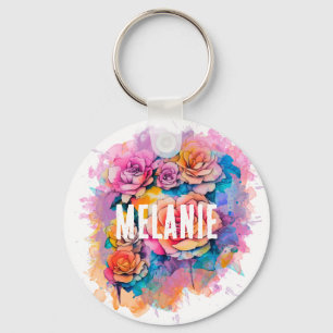 Modern Watercolor Rozen Boeket Gepersonaliseerd Sleutelhanger